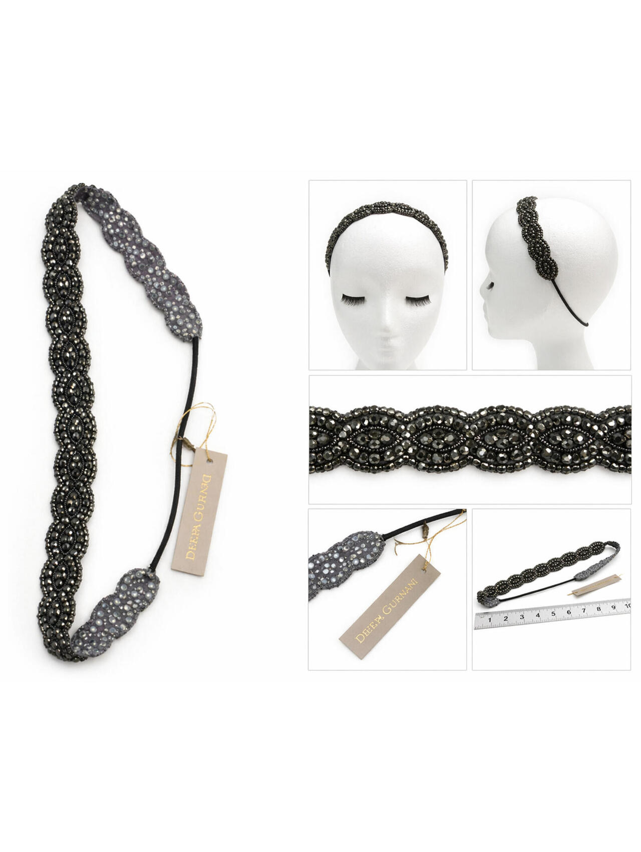 Deepa Gurnani Black Beaded Headband Crystal Embellished Boho Luxe Statement Nwot